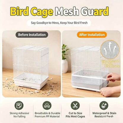 Self-Adhesive Bird Cage Seed Catcher Mesh Cover Up, Practical Flexible Fabric Grid Pattern Feed Guard, Durable Breathable Anti-Scatter Birdcage Repair Net for Small Birds
