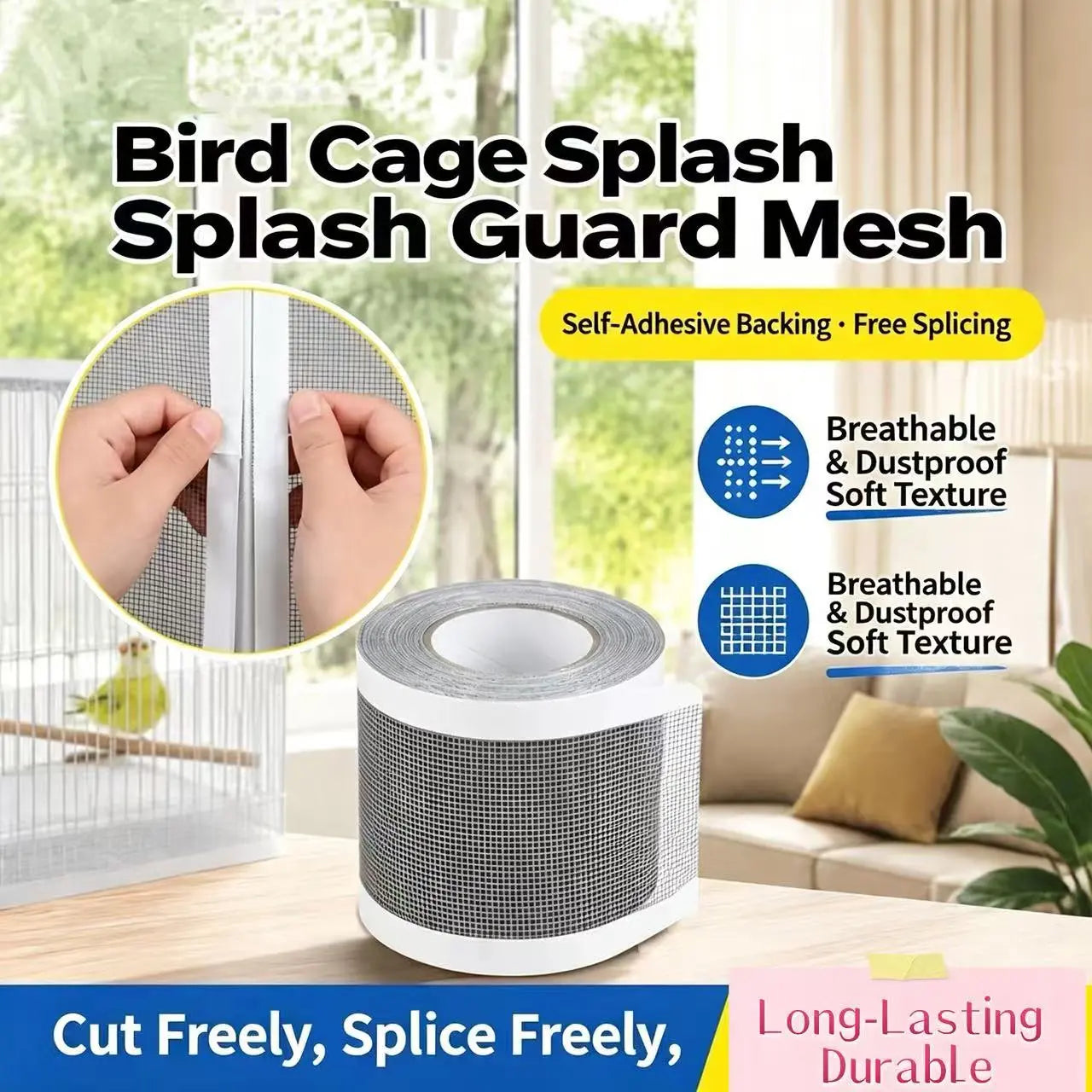 Self-Adhesive Bird Cage Seed Catcher Mesh Cover Up, Practical Flexible Fabric Grid Pattern Feed Guard, Durable Breathable Anti-Scatter Birdcage Repair Net for Small Birds