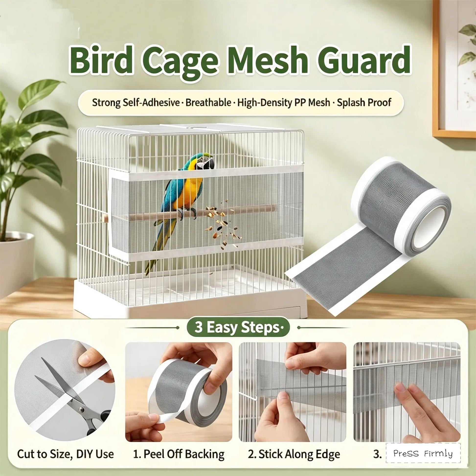 Self-Adhesive Bird Cage Seed Catcher Mesh Cover Up, Practical Flexible Fabric Grid Pattern Feed Guard, Durable Breathable Anti-Scatter Birdcage Repair Net for Small Birds